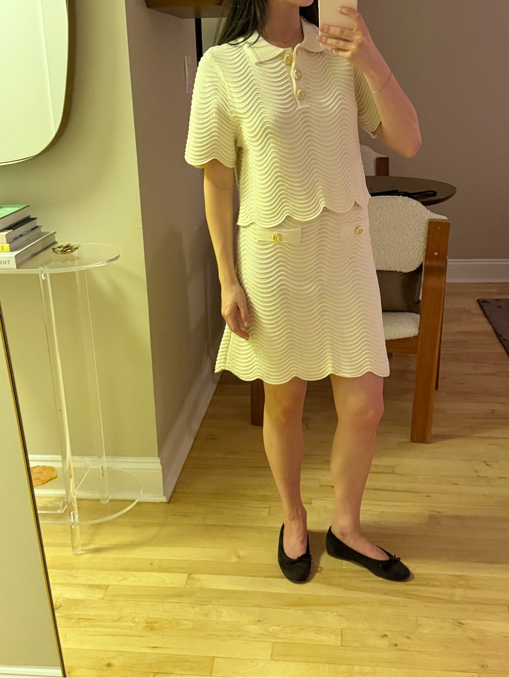 Maje Tan / Cream Wave-Knit Short Sleeve Skirt Set Size 34 / XS